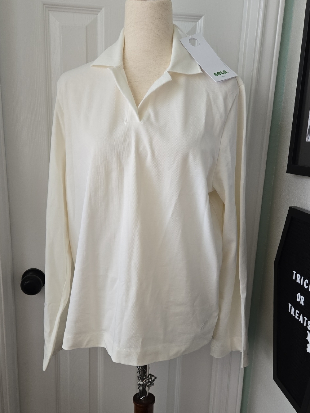 Cream Long-Sleeve Polo Hoodie, 100% High Quality Cotton, NWT